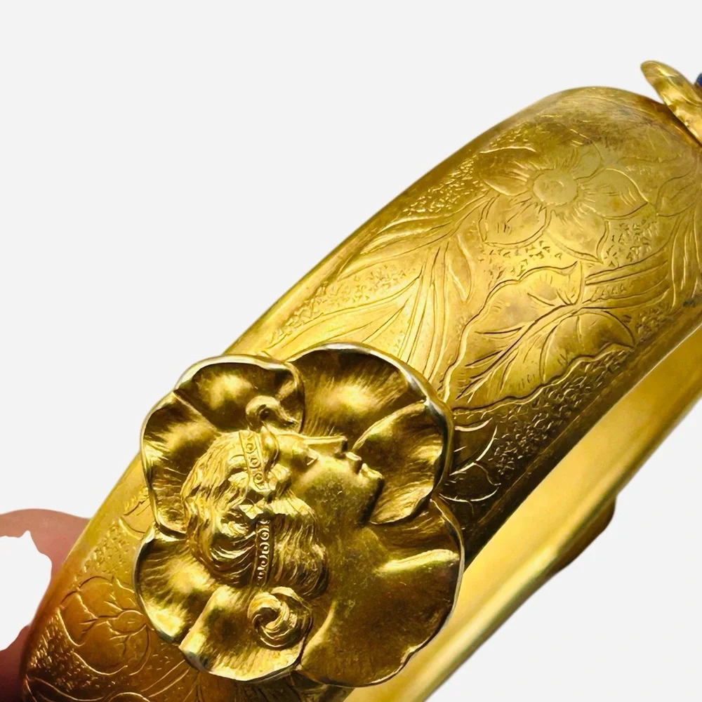 Fabulous Vintage Bangle Bracelet Jeweled Cabochons Art Nouveau Lady